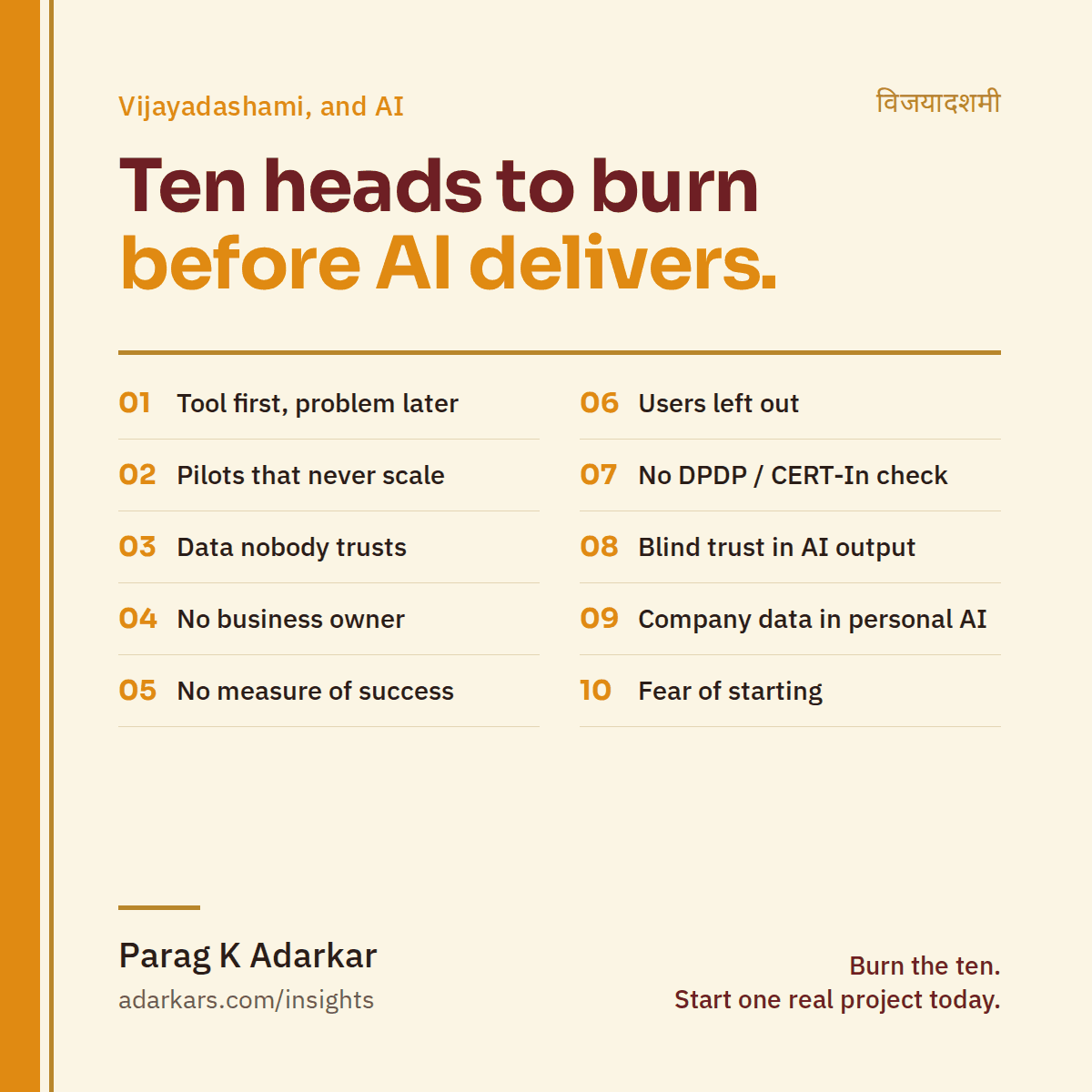 Ten heads to burn before AI delivers: tool first, problem later; pilots that never scale; data nobody trusts; no business owner; no measure of success; users left out; no DPDP or CERT-In check; blind trust in AI output; company data in personal AI; fear of starting.